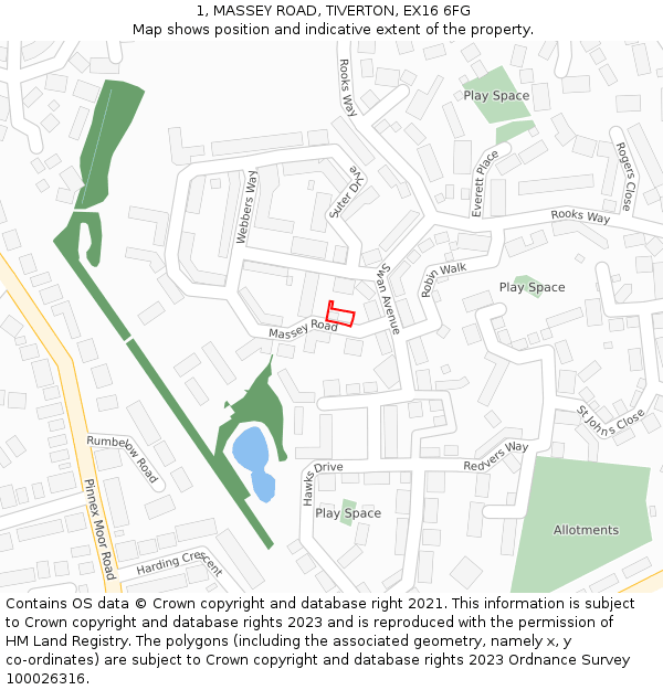 1, MASSEY ROAD, TIVERTON, EX16 6FG: Location map and indicative extent of plot