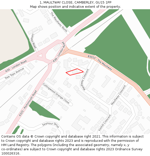 1, MAULTWAY CLOSE, CAMBERLEY, GU15 1PP: Location map and indicative extent of plot