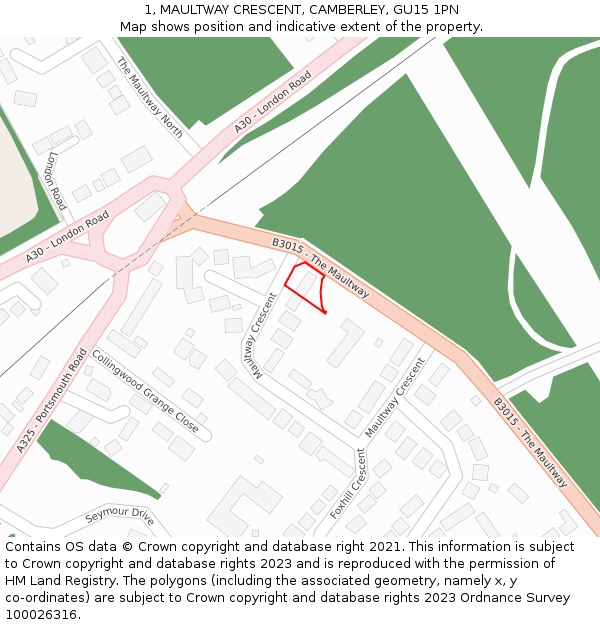 1, MAULTWAY CRESCENT, CAMBERLEY, GU15 1PN: Location map and indicative extent of plot