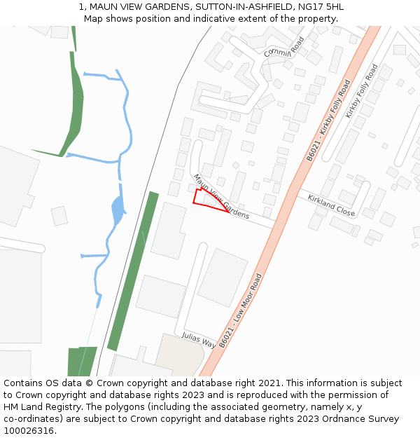 1, MAUN VIEW GARDENS, SUTTON-IN-ASHFIELD, NG17 5HL: Location map and indicative extent of plot