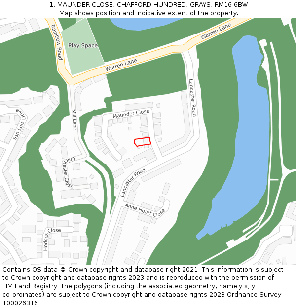 1, MAUNDER CLOSE, CHAFFORD HUNDRED, GRAYS, RM16 6BW: Location map and indicative extent of plot