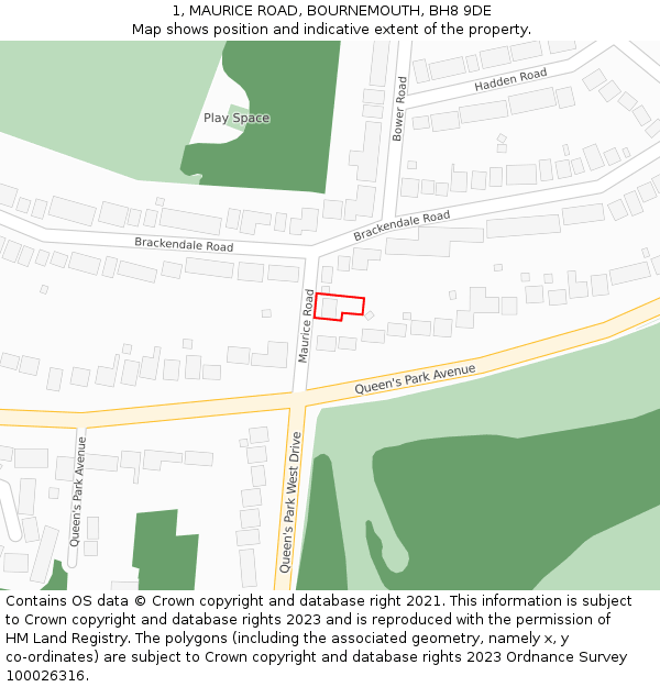 1, MAURICE ROAD, BOURNEMOUTH, BH8 9DE: Location map and indicative extent of plot