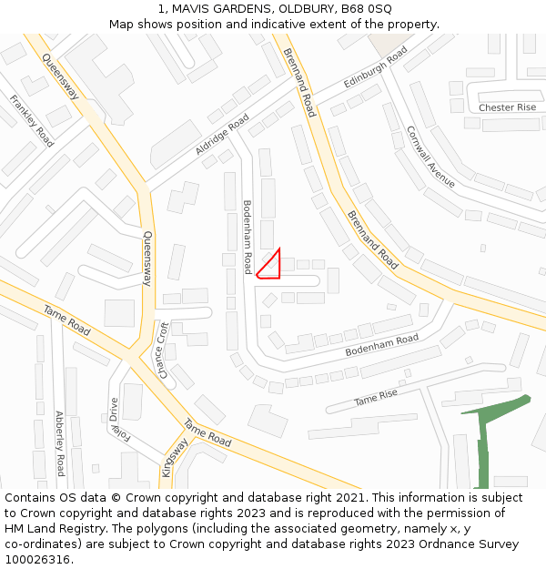 1, MAVIS GARDENS, OLDBURY, B68 0SQ: Location map and indicative extent of plot