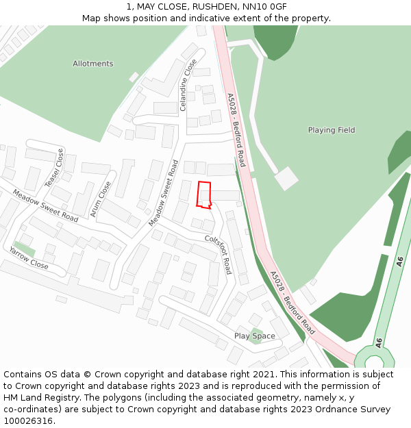 1, MAY CLOSE, RUSHDEN, NN10 0GF: Location map and indicative extent of plot