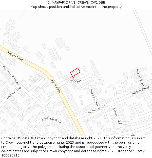 1, MAYFAIR DRIVE, CREWE, CW1 5BB: Location map and indicative extent of plot