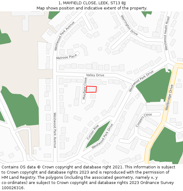 1, MAYFIELD CLOSE, LEEK, ST13 8JJ: Location map and indicative extent of plot