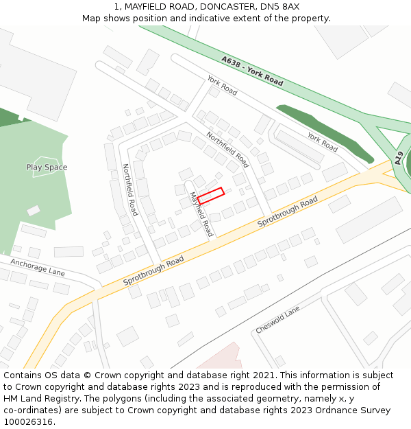 1, MAYFIELD ROAD, DONCASTER, DN5 8AX: Location map and indicative extent of plot