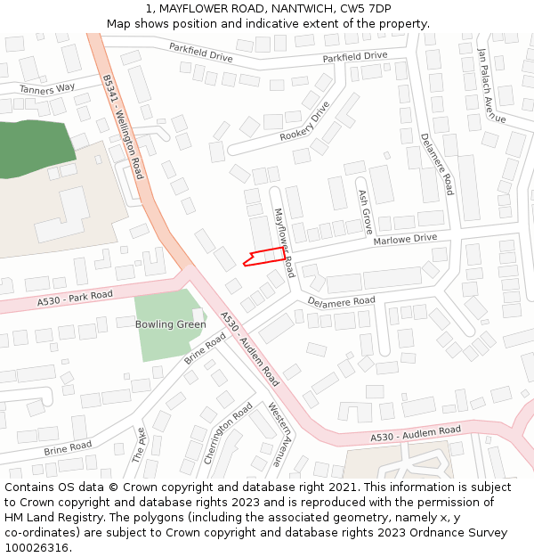 1, MAYFLOWER ROAD, NANTWICH, CW5 7DP: Location map and indicative extent of plot