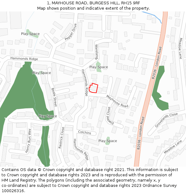 1, MAYHOUSE ROAD, BURGESS HILL, RH15 9RF: Location map and indicative extent of plot