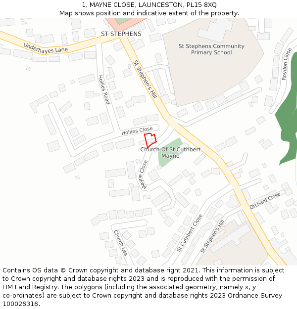 1, MAYNE CLOSE, LAUNCESTON, PL15 8XQ: Location map and indicative extent of plot
