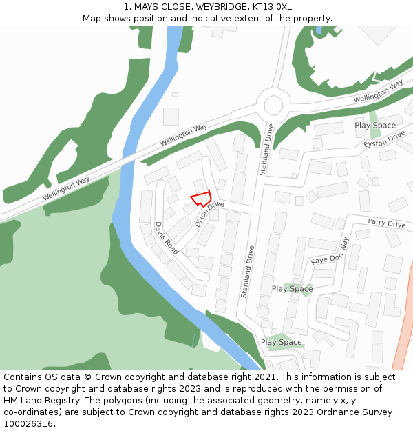 1, MAYS CLOSE, WEYBRIDGE, KT13 0XL: Location map and indicative extent of plot