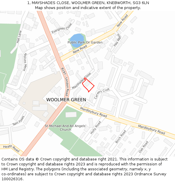 1, MAYSHADES CLOSE, WOOLMER GREEN, KNEBWORTH, SG3 6LN: Location map and indicative extent of plot