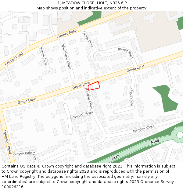 1, MEADOW CLOSE, HOLT, NR25 6JP: Location map and indicative extent of plot