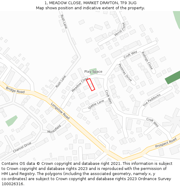 1, MEADOW CLOSE, MARKET DRAYTON, TF9 3UG: Location map and indicative extent of plot