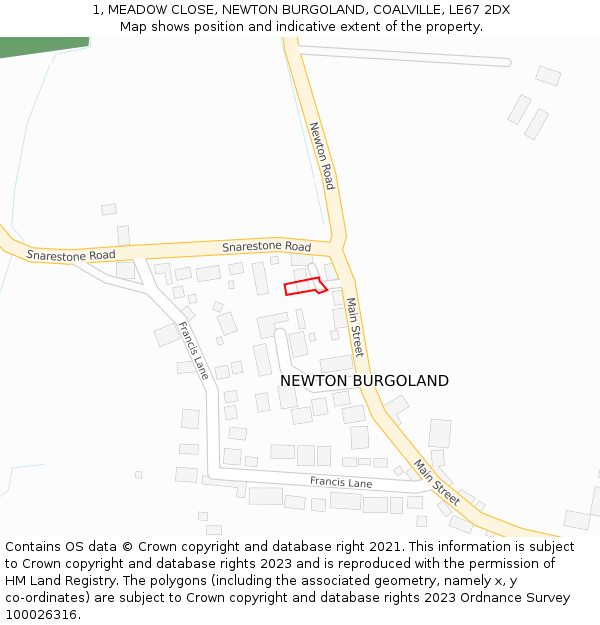 1, MEADOW CLOSE, NEWTON BURGOLAND, COALVILLE, LE67 2DX: Location map and indicative extent of plot