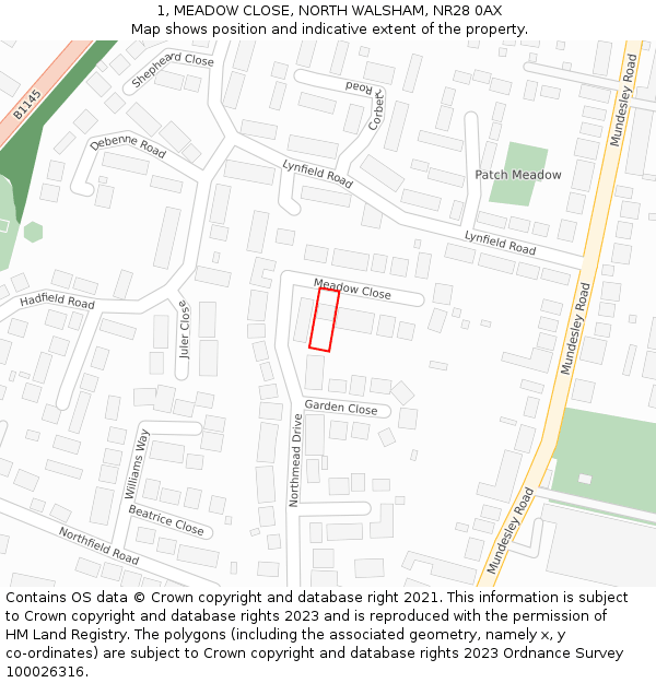 1, MEADOW CLOSE, NORTH WALSHAM, NR28 0AX: Location map and indicative extent of plot