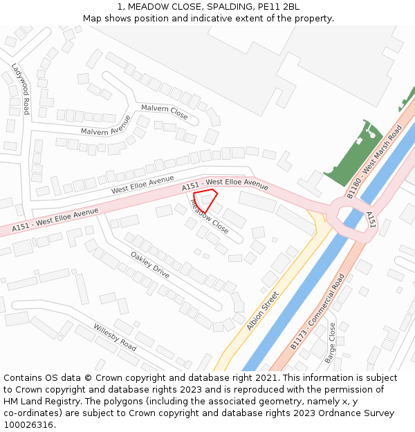 1, MEADOW CLOSE, SPALDING, PE11 2BL: Location map and indicative extent of plot