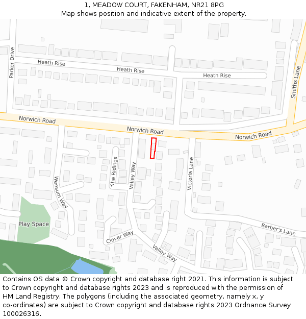 1, MEADOW COURT, FAKENHAM, NR21 8PG: Location map and indicative extent of plot