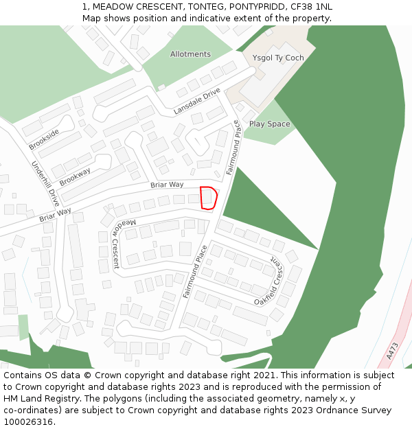 1, MEADOW CRESCENT, TONTEG, PONTYPRIDD, CF38 1NL: Location map and indicative extent of plot