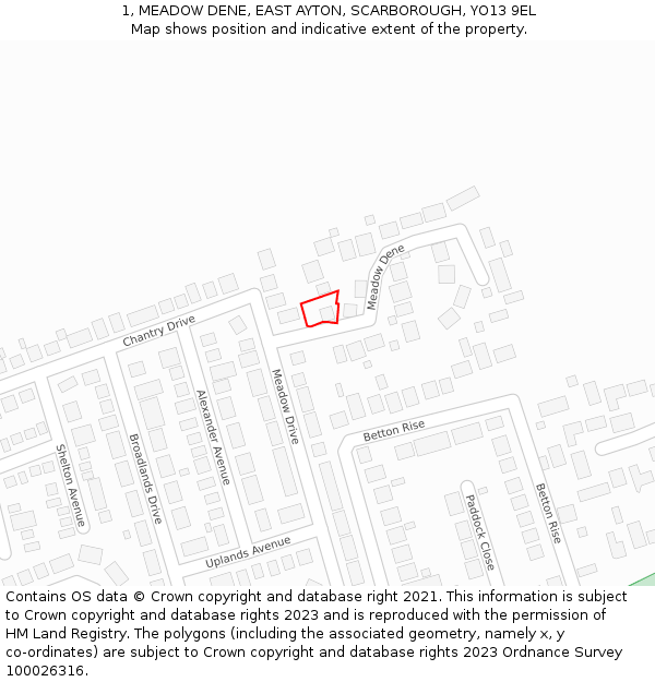1, MEADOW DENE, EAST AYTON, SCARBOROUGH, YO13 9EL: Location map and indicative extent of plot
