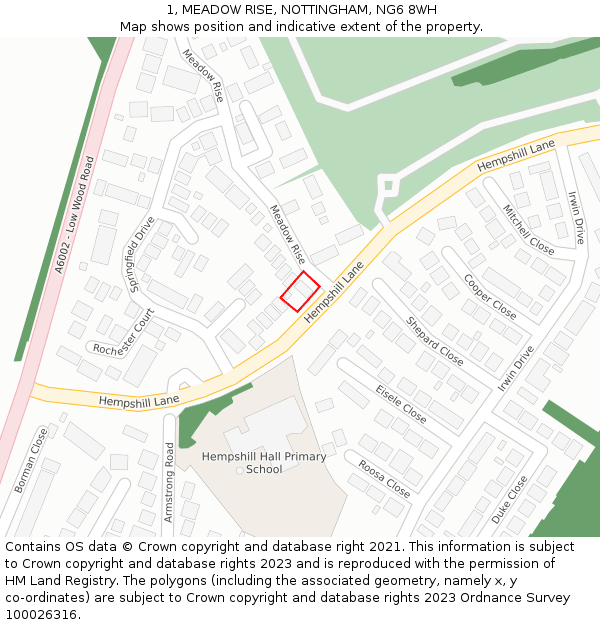 1, MEADOW RISE, NOTTINGHAM, NG6 8WH: Location map and indicative extent of plot