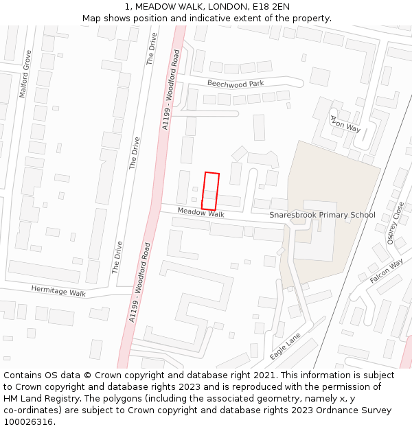 1, MEADOW WALK, LONDON, E18 2EN: Location map and indicative extent of plot