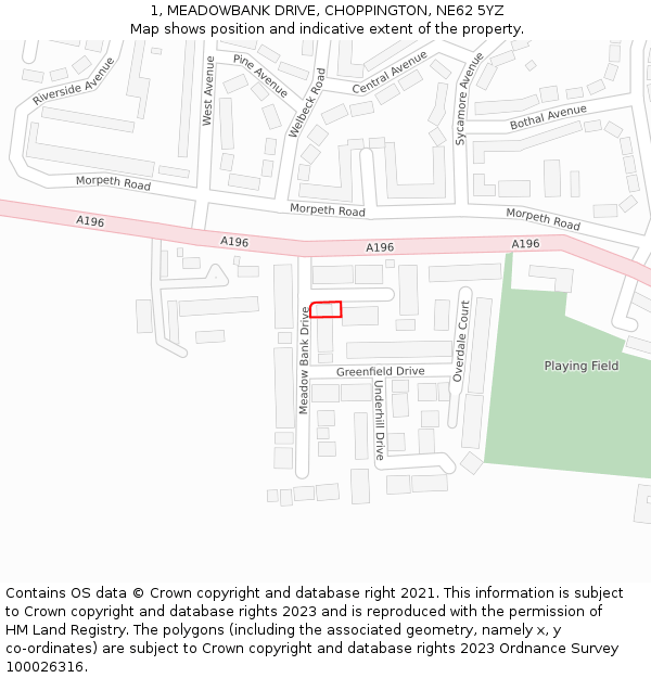 1, MEADOWBANK DRIVE, CHOPPINGTON, NE62 5YZ: Location map and indicative extent of plot