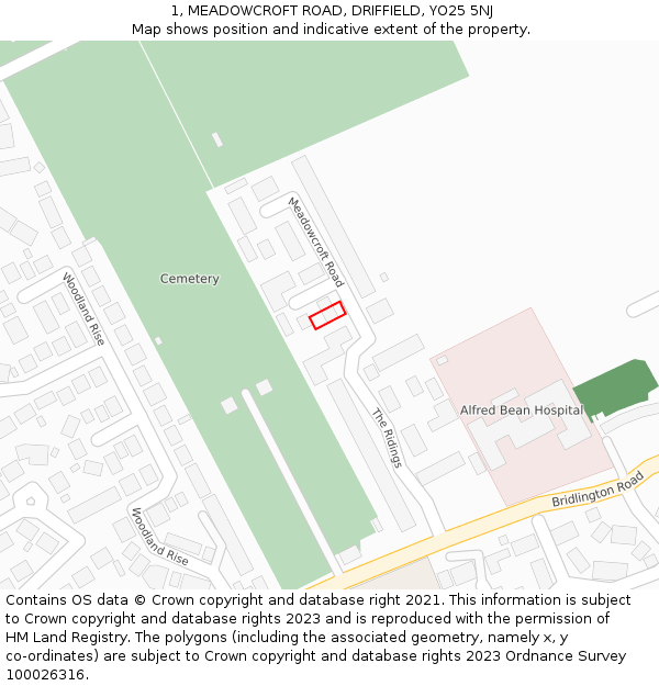 1, MEADOWCROFT ROAD, DRIFFIELD, YO25 5NJ: Location map and indicative extent of plot