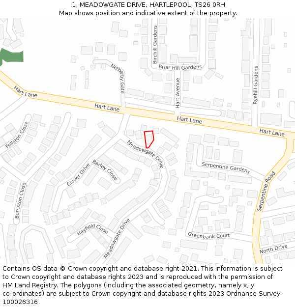 1, MEADOWGATE DRIVE, HARTLEPOOL, TS26 0RH: Location map and indicative extent of plot