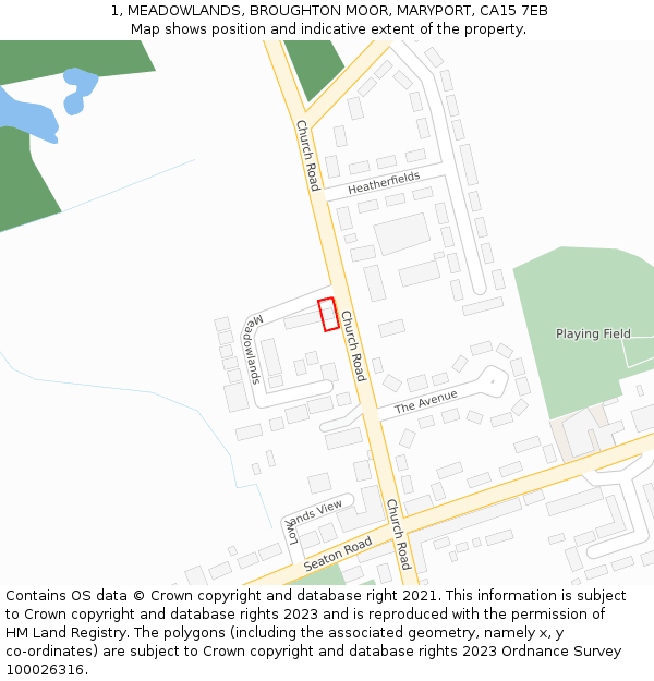 1, MEADOWLANDS, BROUGHTON MOOR, MARYPORT, CA15 7EB: Location map and indicative extent of plot