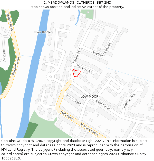 1, MEADOWLANDS, CLITHEROE, BB7 2ND: Location map and indicative extent of plot