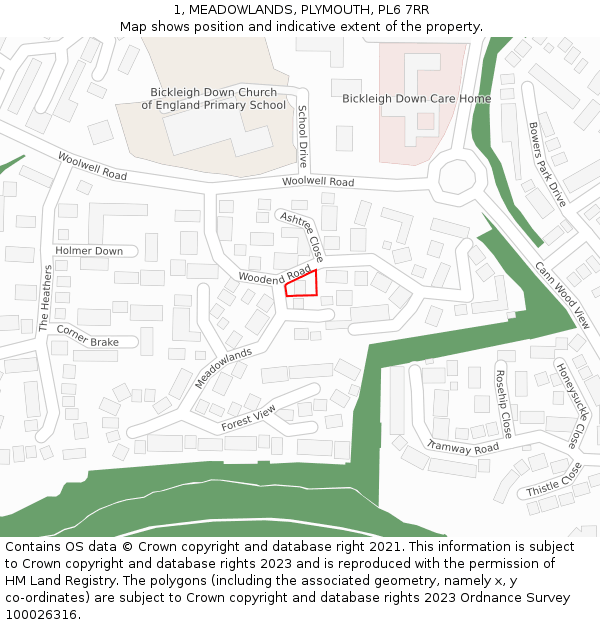 1, MEADOWLANDS, PLYMOUTH, PL6 7RR: Location map and indicative extent of plot