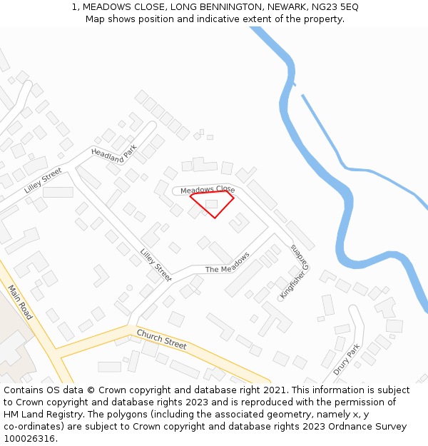 1, MEADOWS CLOSE, LONG BENNINGTON, NEWARK, NG23 5EQ: Location map and indicative extent of plot