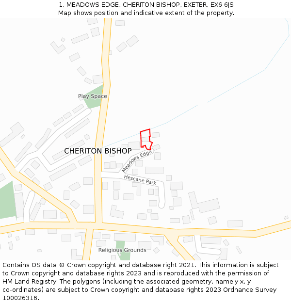 1, MEADOWS EDGE, CHERITON BISHOP, EXETER, EX6 6JS: Location map and indicative extent of plot