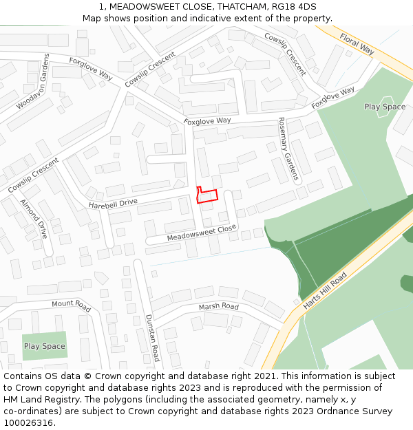 1, MEADOWSWEET CLOSE, THATCHAM, RG18 4DS: Location map and indicative extent of plot