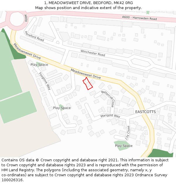 1, MEADOWSWEET DRIVE, BEDFORD, MK42 0RG: Location map and indicative extent of plot