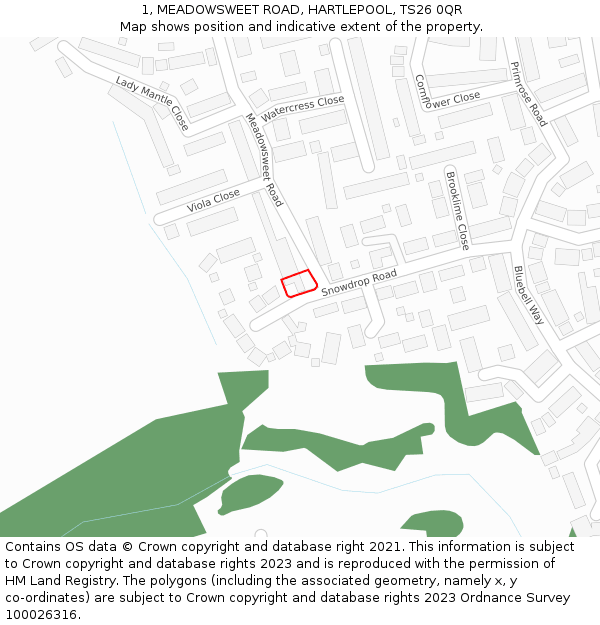 1, MEADOWSWEET ROAD, HARTLEPOOL, TS26 0QR: Location map and indicative extent of plot