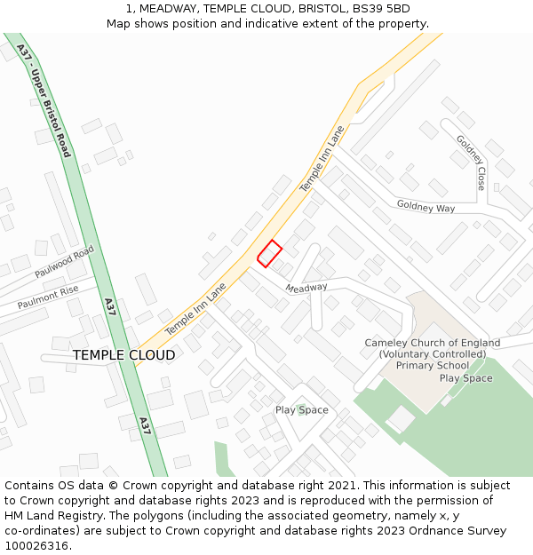 1, MEADWAY, TEMPLE CLOUD, BRISTOL, BS39 5BD: Location map and indicative extent of plot