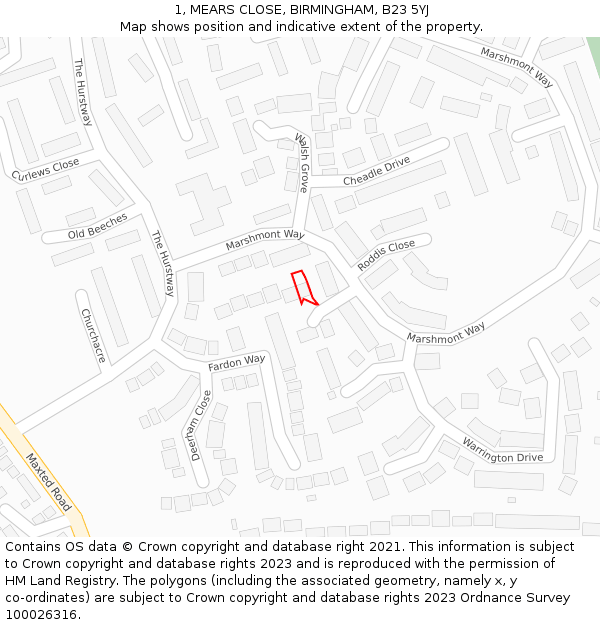 1, MEARS CLOSE, BIRMINGHAM, B23 5YJ: Location map and indicative extent of plot