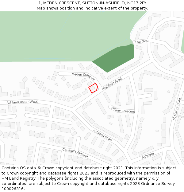 1, MEDEN CRESCENT, SUTTON-IN-ASHFIELD, NG17 2FY: Location map and indicative extent of plot