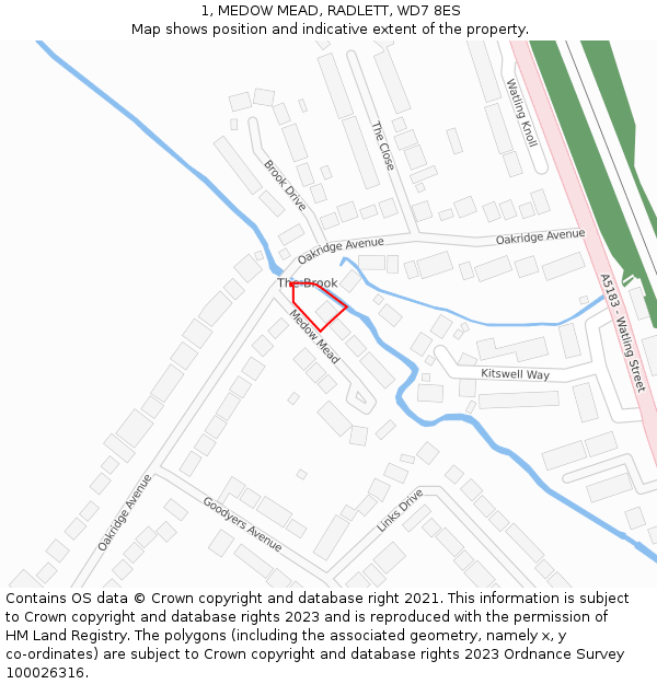 1, MEDOW MEAD, RADLETT, WD7 8ES: Location map and indicative extent of plot