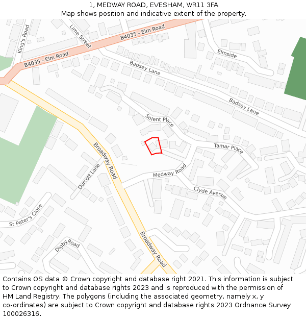1, MEDWAY ROAD, EVESHAM, WR11 3FA: Location map and indicative extent of plot