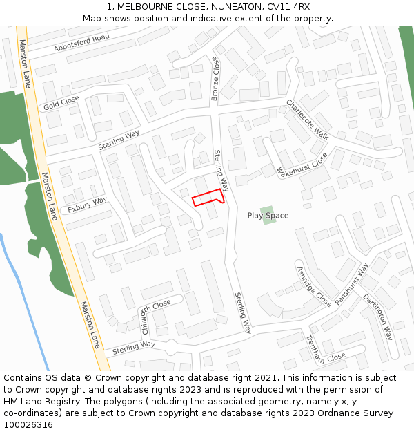 1, MELBOURNE CLOSE, NUNEATON, CV11 4RX: Location map and indicative extent of plot