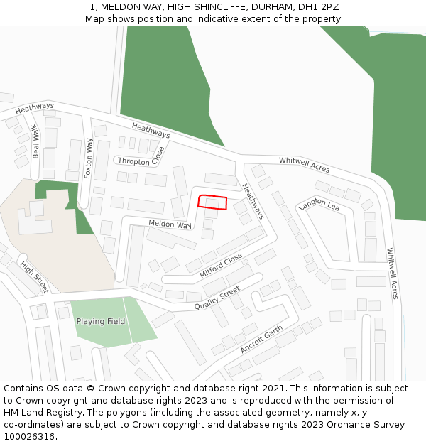 1, MELDON WAY, HIGH SHINCLIFFE, DURHAM, DH1 2PZ: Location map and indicative extent of plot