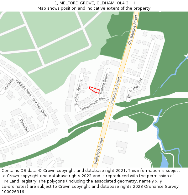 1, MELFORD GROVE, OLDHAM, OL4 3HH: Location map and indicative extent of plot