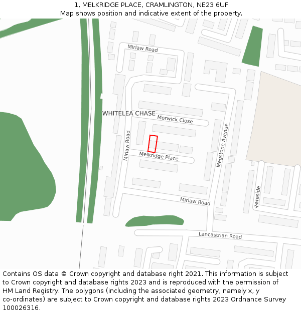 1, MELKRIDGE PLACE, CRAMLINGTON, NE23 6UF: Location map and indicative extent of plot