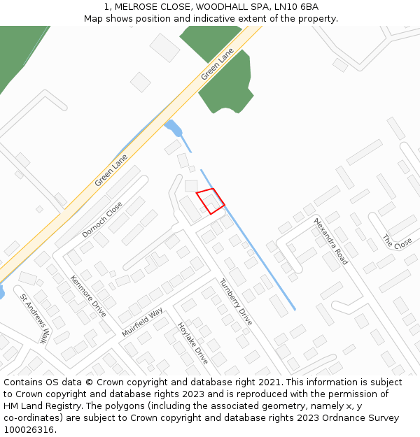 1, MELROSE CLOSE, WOODHALL SPA, LN10 6BA: Location map and indicative extent of plot