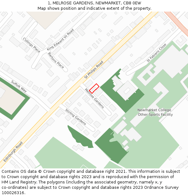 1, MELROSE GARDENS, NEWMARKET, CB8 0EW: Location map and indicative extent of plot