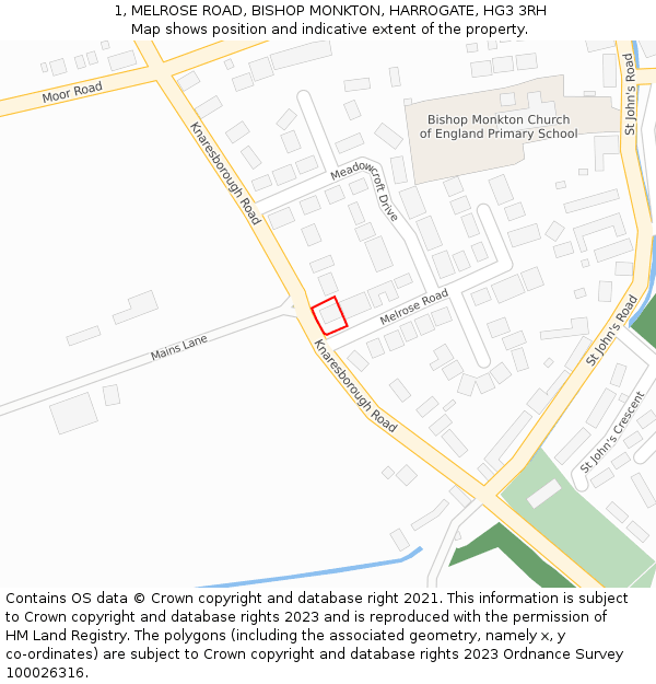 1, MELROSE ROAD, BISHOP MONKTON, HARROGATE, HG3 3RH: Location map and indicative extent of plot