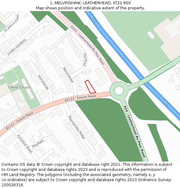 1, MELVINSHAW, LEATHERHEAD, KT22 8SX: Location map and indicative extent of plot